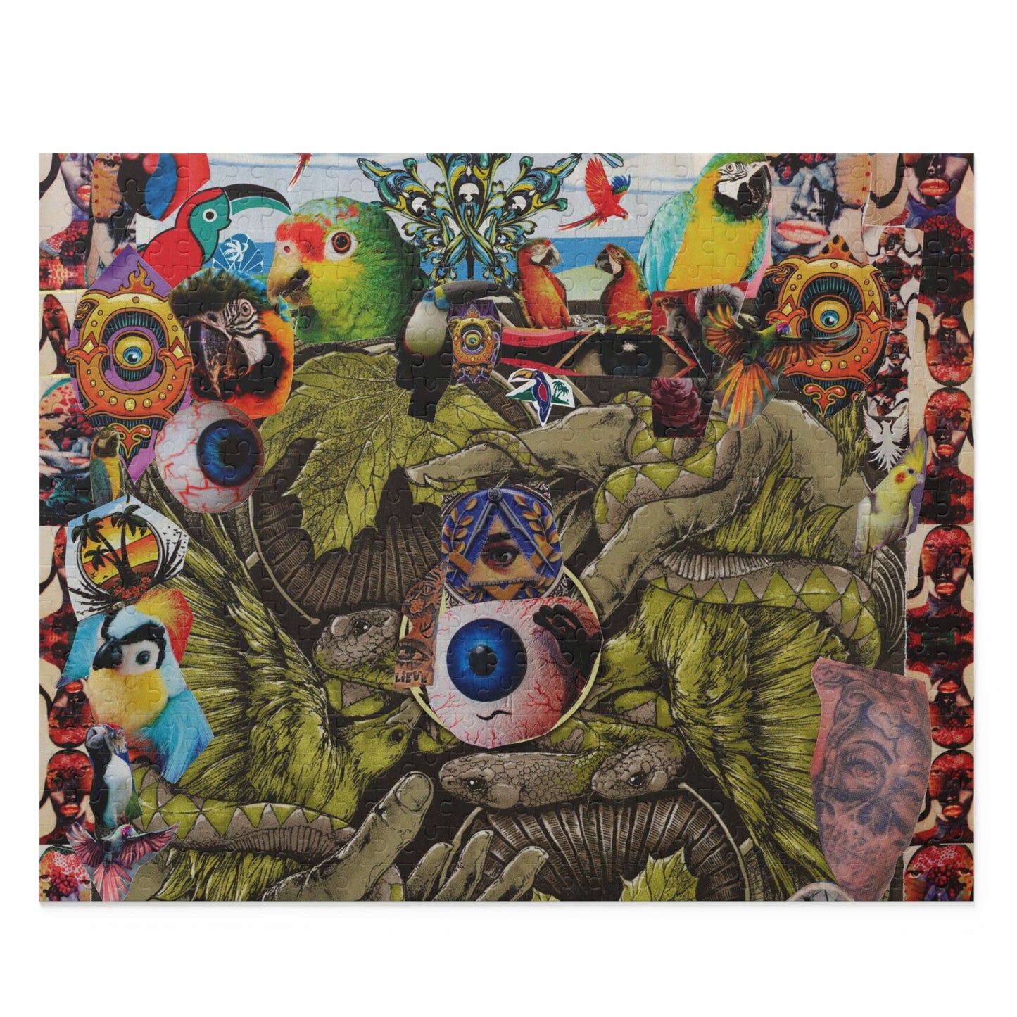 Apoda Collage Artwork Jigsaw Puzzle (120/252/500 Piece) — Eyeball & Parrot Art Puzzle