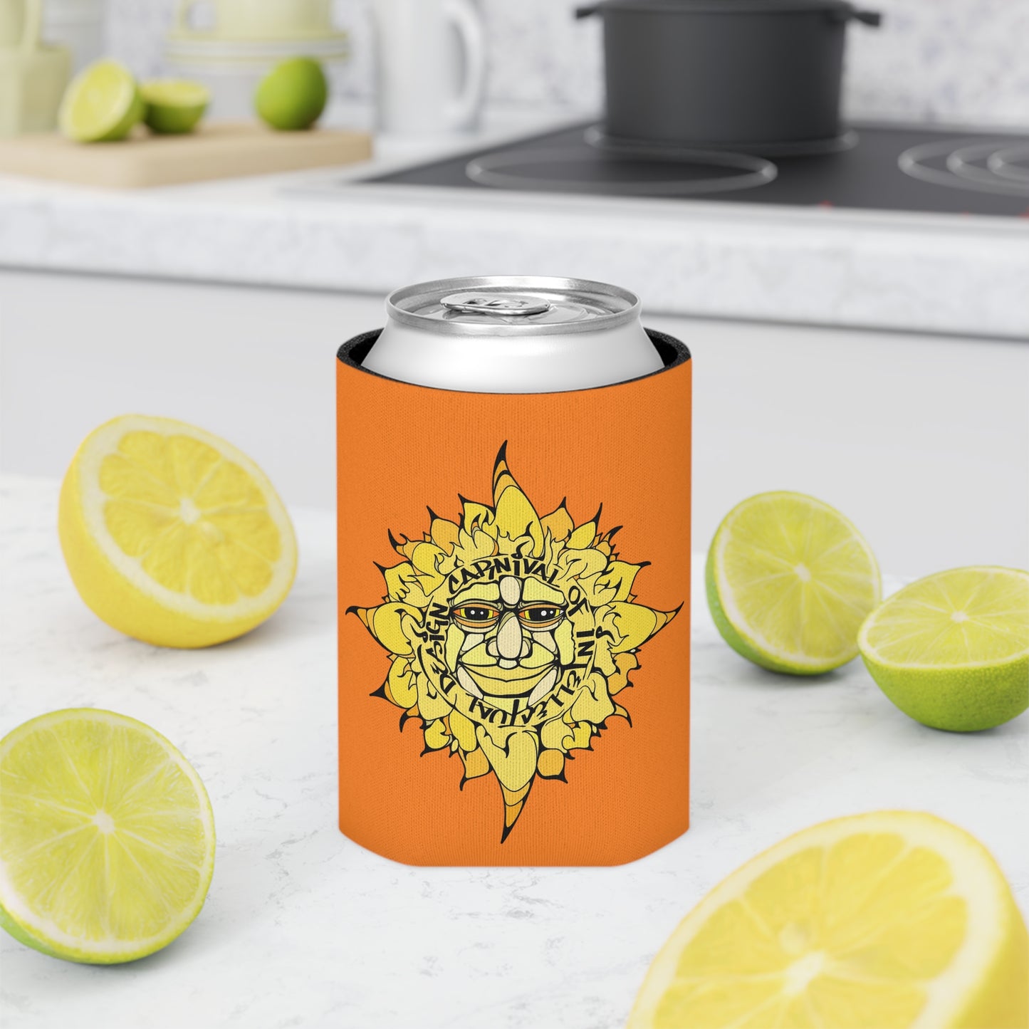 Sunface Can Cooler — Retro Yellow Sun Beverage Koozie