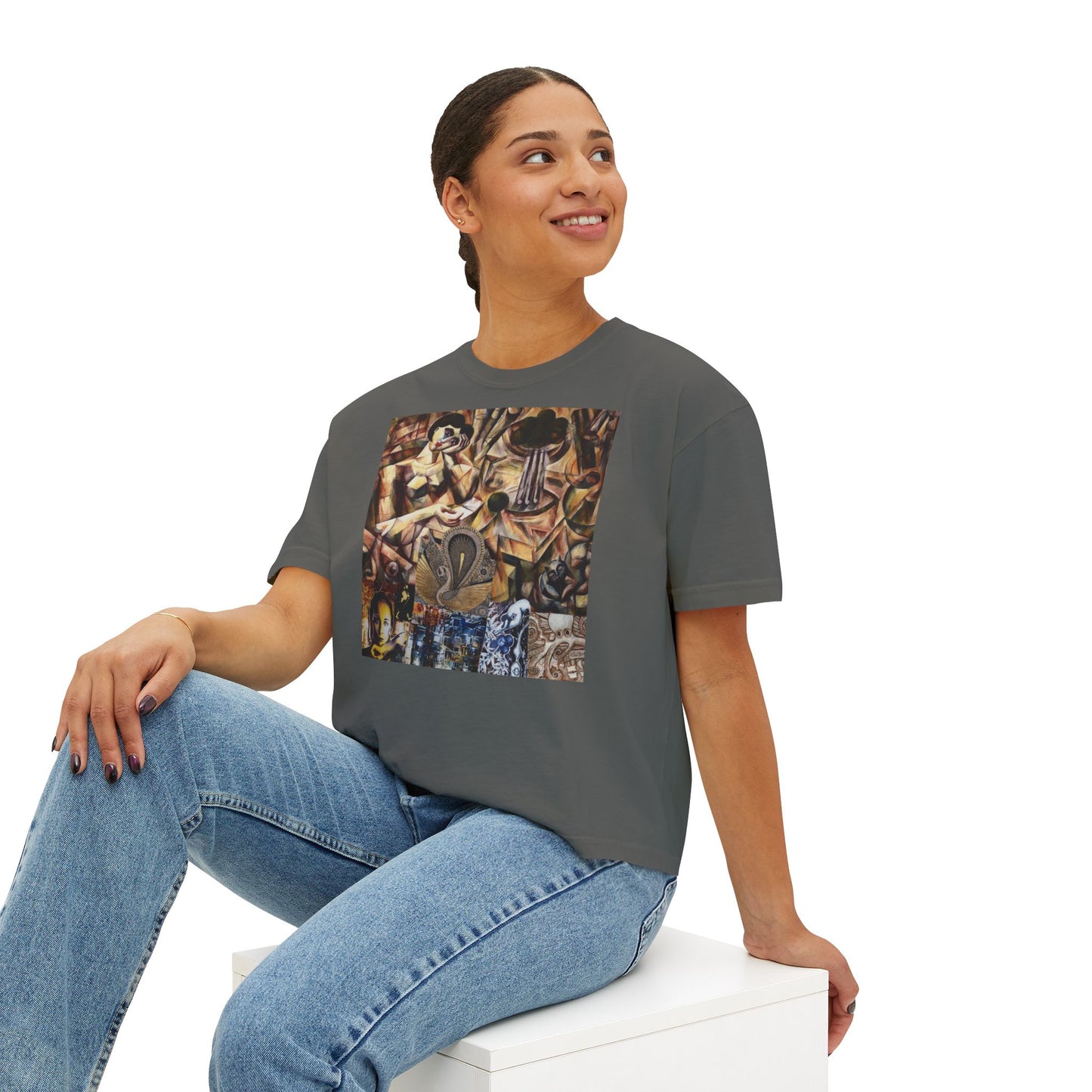 Margo Women’s Boxy Tee — Abstract Collage Art Square Print