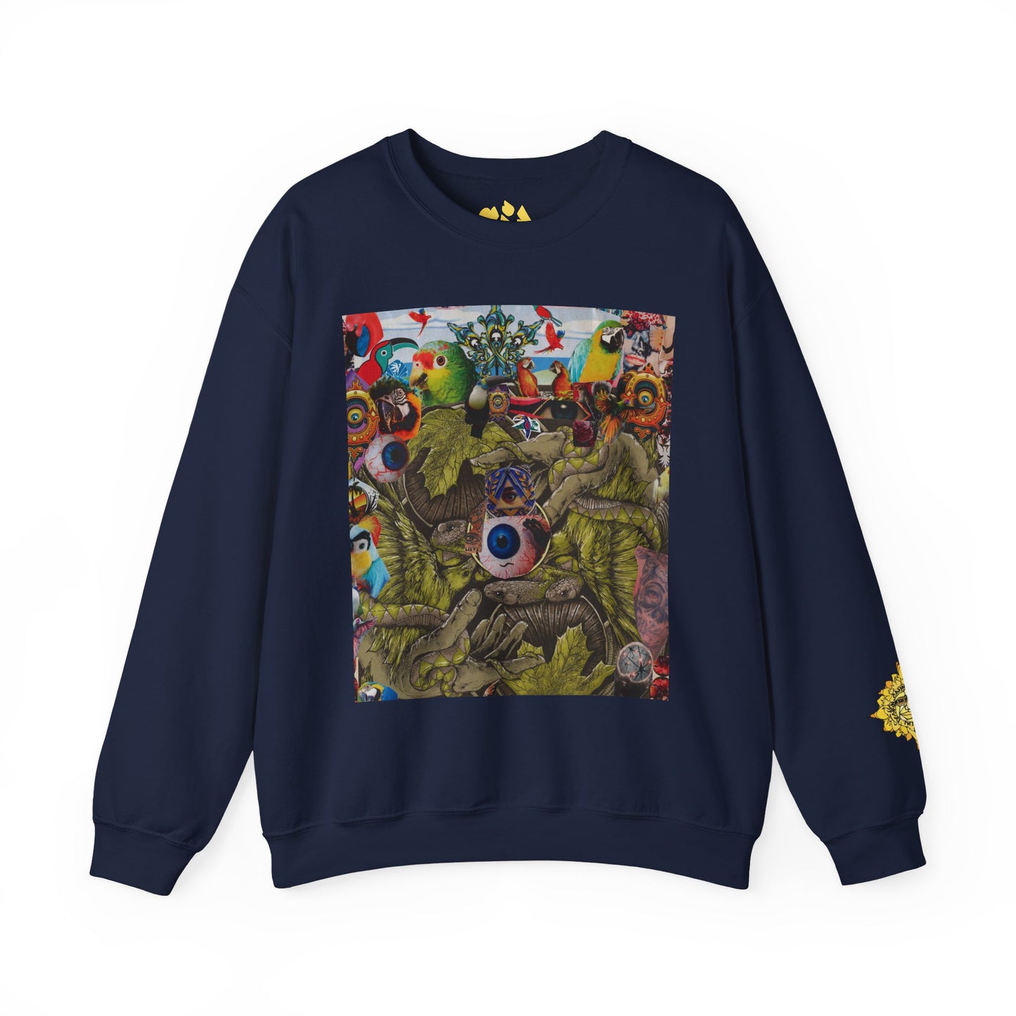 Apoda Surreal Parrot Garden Collage Sweatshirt — Psychedelic Bird Collage Crewneck
