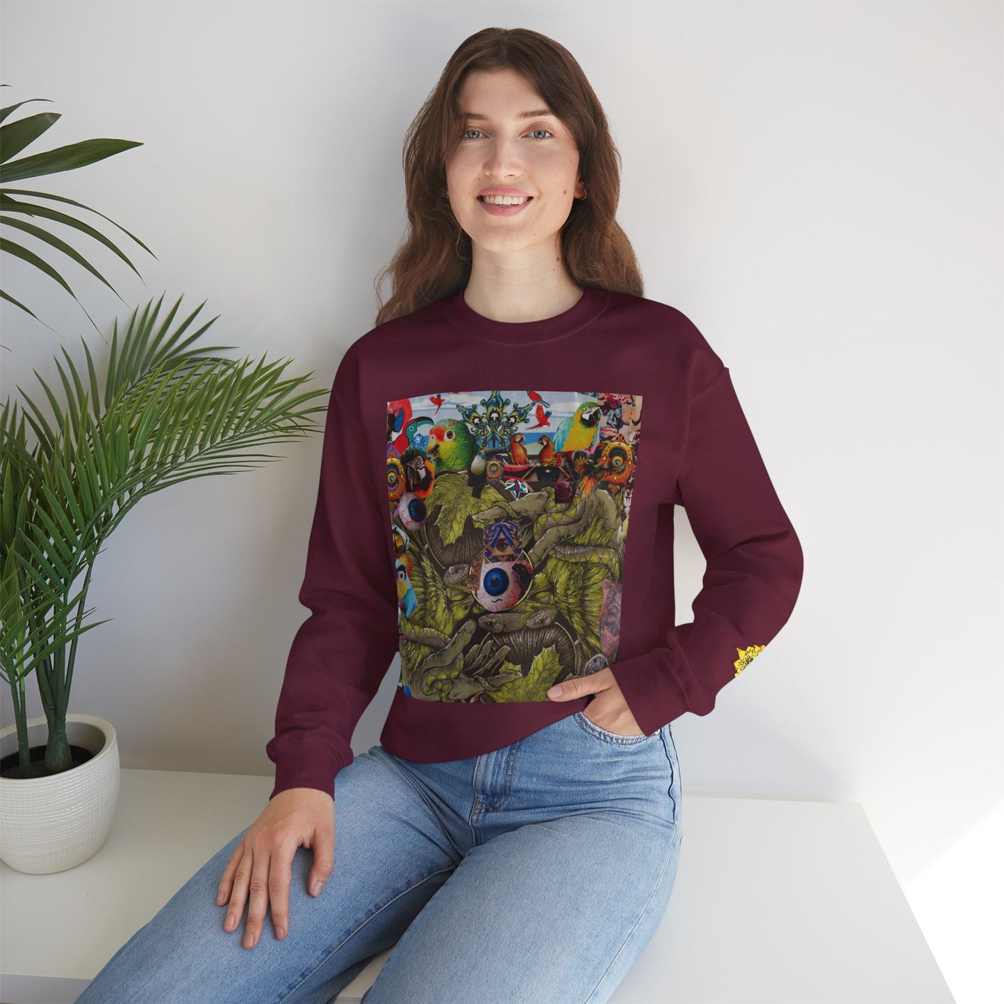Apoda Surreal Parrot Garden Collage Sweatshirt — Psychedelic Bird Collage Crewneck