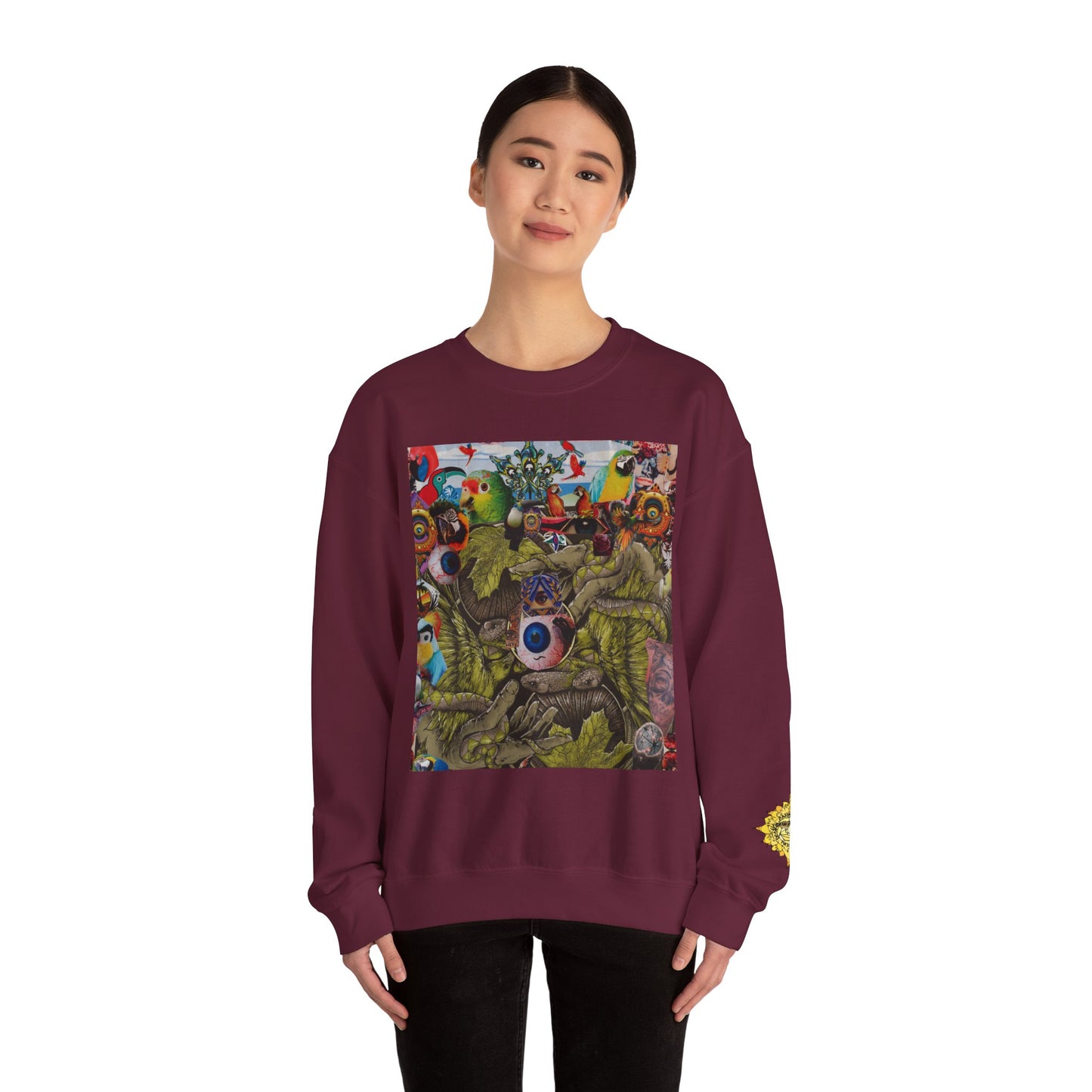 Apoda Surreal Parrot Garden Collage Sweatshirt — Psychedelic Bird Collage Crewneck