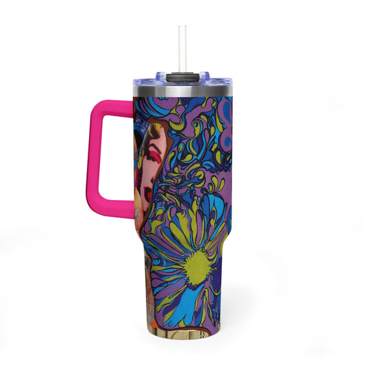 Majesty Collage Artwork 40oz Floral Psychedelic Tumbler - Colorful Retro Flower Vacuum Insulated Cup