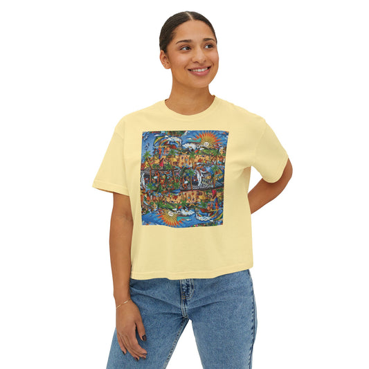 Florida Collage Artwork Women’s Boxy Tee — Abstract Collage Art Square Print
