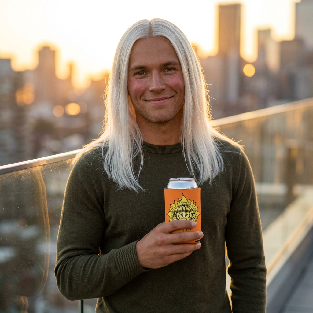 Sunface Can Cooler — Retro Yellow Sun Beverage Koozie