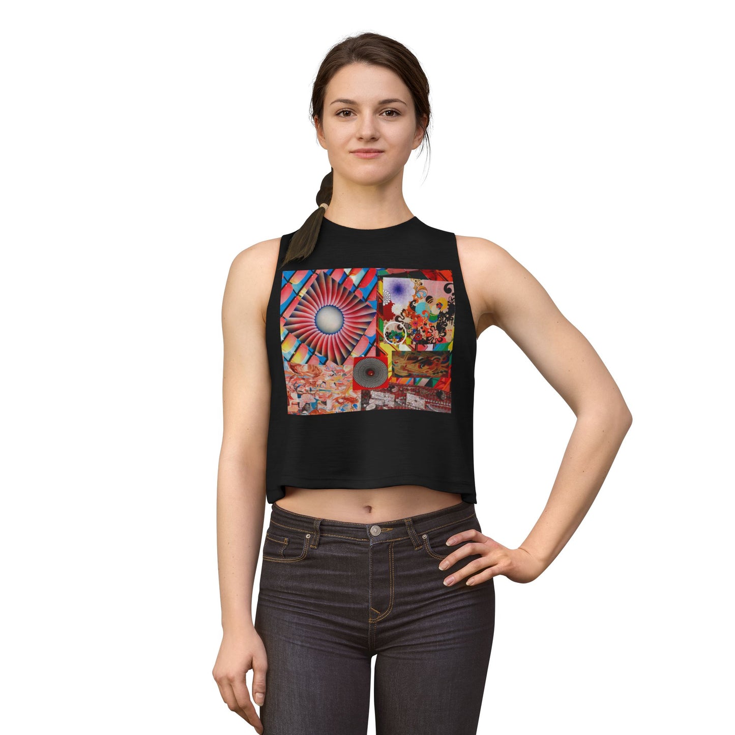 Tempest Psychedelic Collage Crop Top — Retro Sunburst Graphic Women's Tank