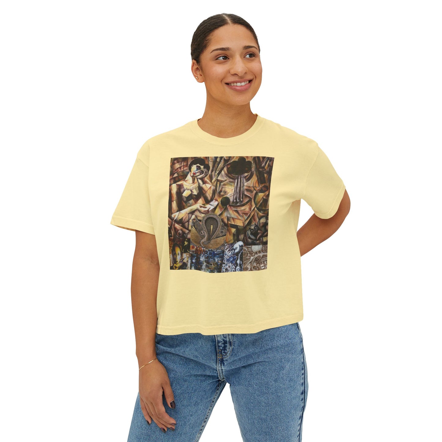 Margo Women’s Boxy Tee — Abstract Collage Art Square Print