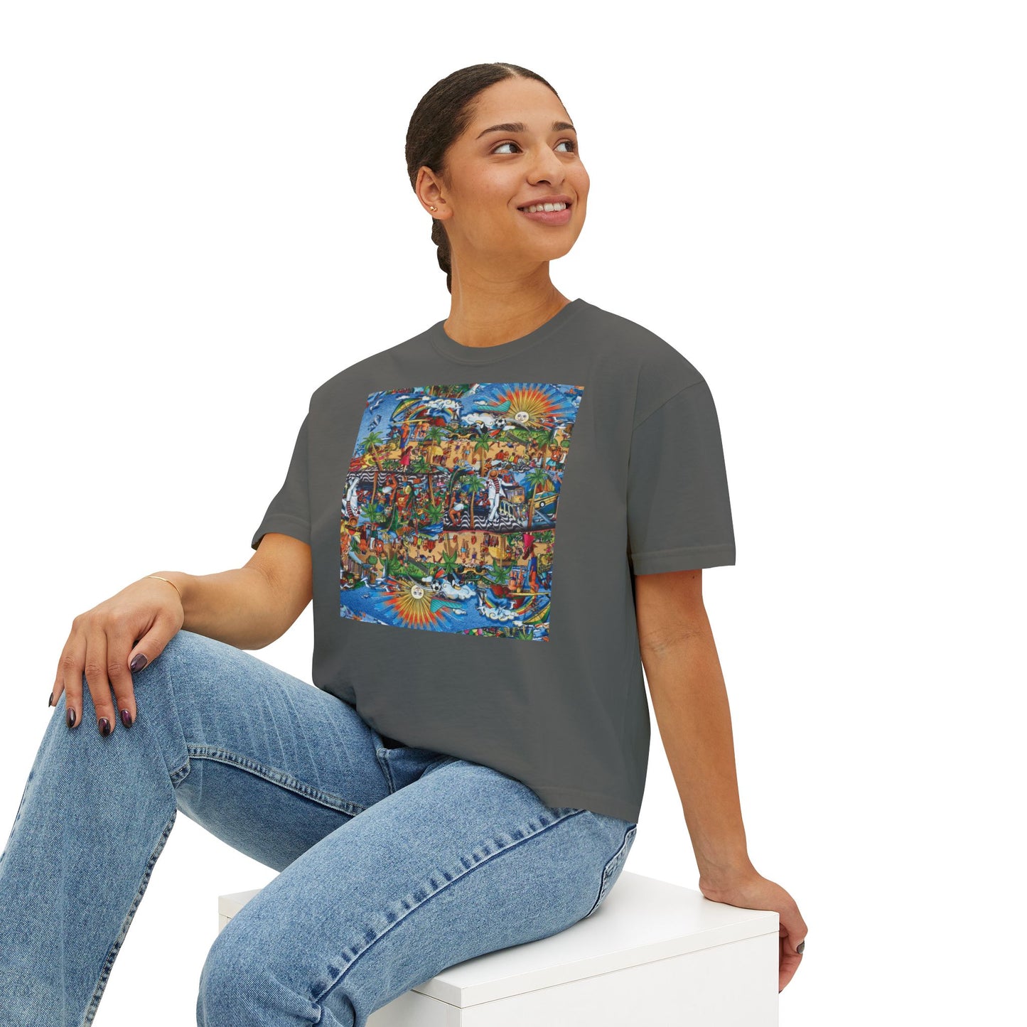 Florida Collage Artwork Women’s Boxy Tee — Abstract Collage Art Square Print