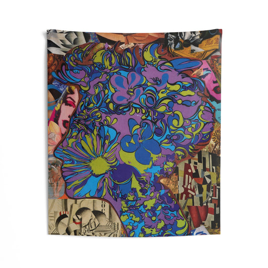 Majesty Collage Artwork Psychedelic Floral Head Tapestry — Colorful Retro Pop Art Wall Hanging