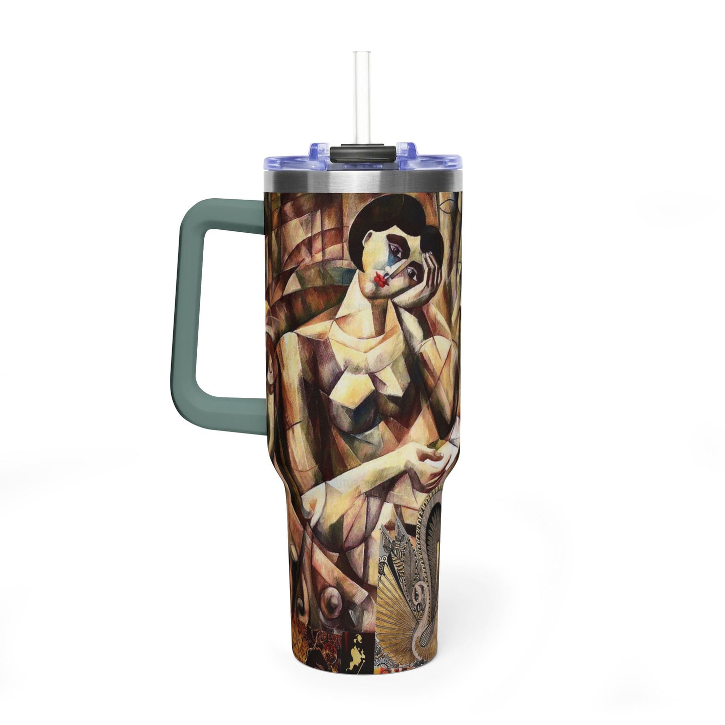 Margo Collage Artwork 40oz Vacuum Tumbler — Cubist Vintage Lady Art Insulated Travel Mug