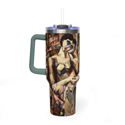 Margo Collage Artwork 40oz Vacuum Tumbler — Cubist Vintage Lady Art Insulated Travel Mug