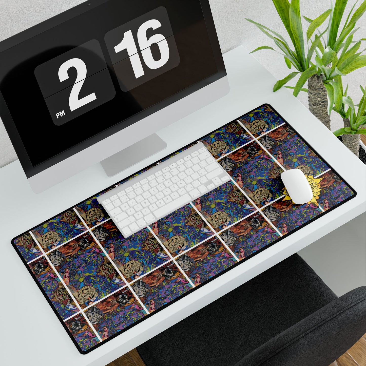 Purple Majesty Collage Artwork Mosaic Desk Mat— Floral Sun Accent Large Mousepad