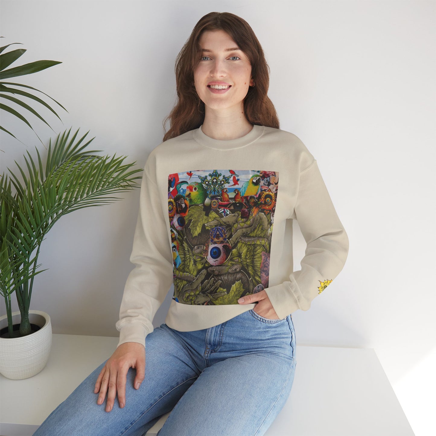 Apoda Surreal Parrot Garden Collage Sweatshirt — Psychedelic Bird Collage Crewneck