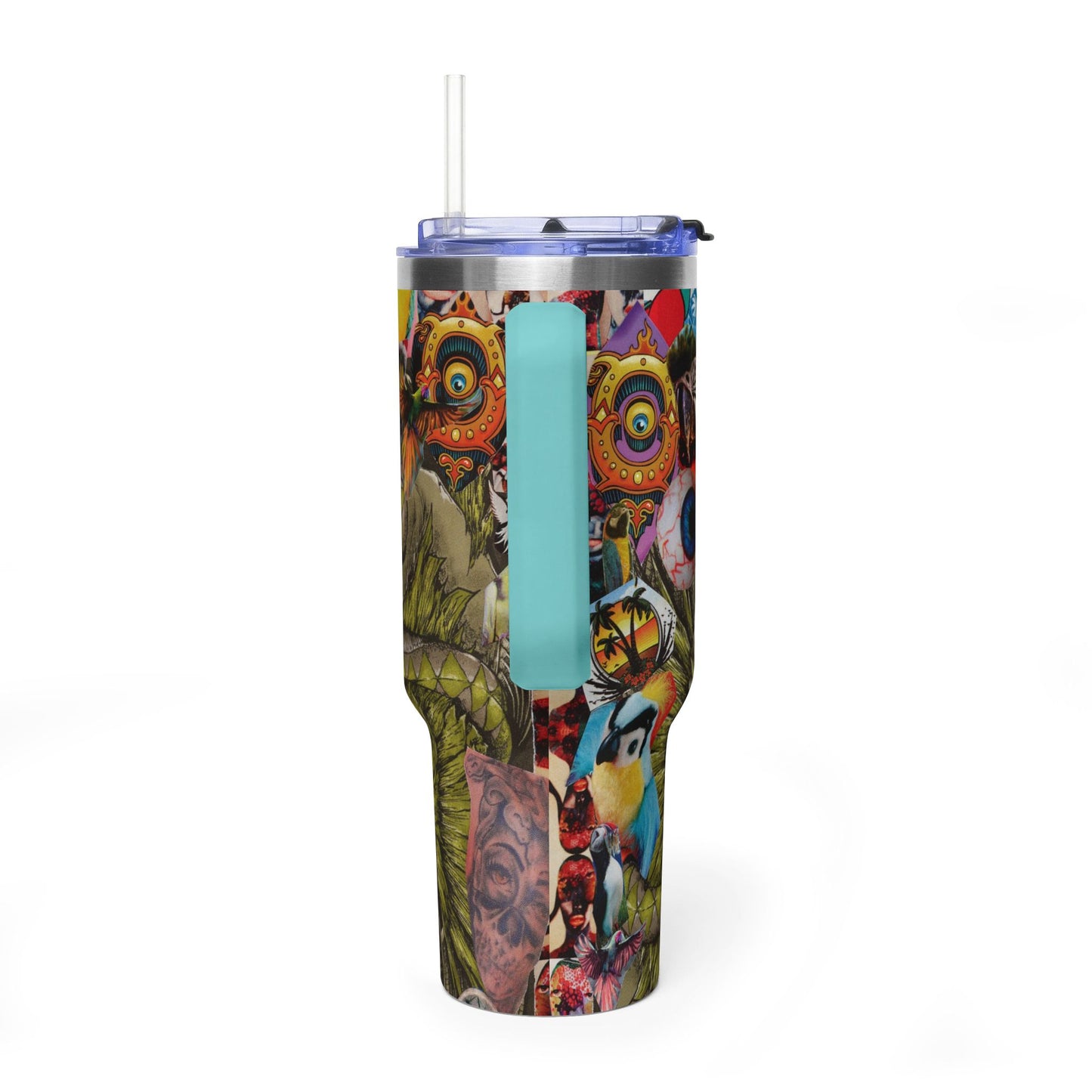 Apoda Collage Artwork 40oz Vacuum Tumbler — Colorful Parrot & Surreal Eye Art Travel Mug
