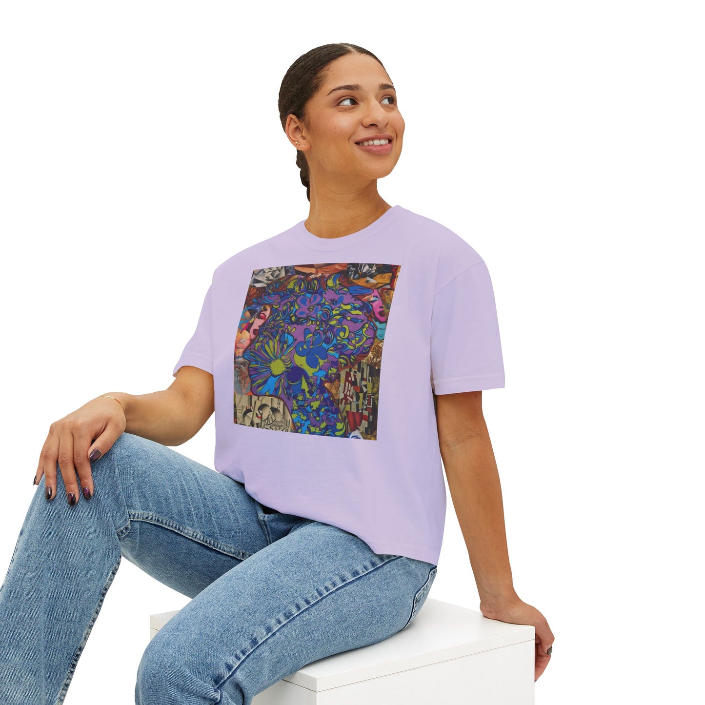 Purple Majesty Collage Artwork Women’s Boxy Tee — Abstract Collage Art Square Print