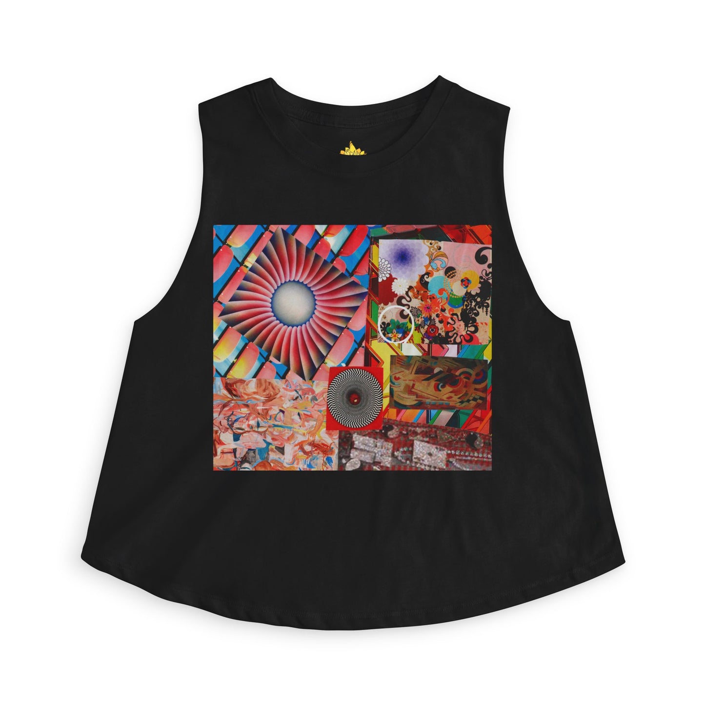 Tempest Psychedelic Collage Crop Top — Retro Sunburst Graphic Women's Tank
