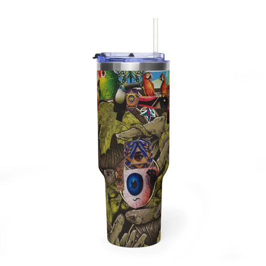 Apoda Collage Artwork 40oz Vacuum Tumbler — Colorful Parrot & Surreal Eye Art Travel Mug