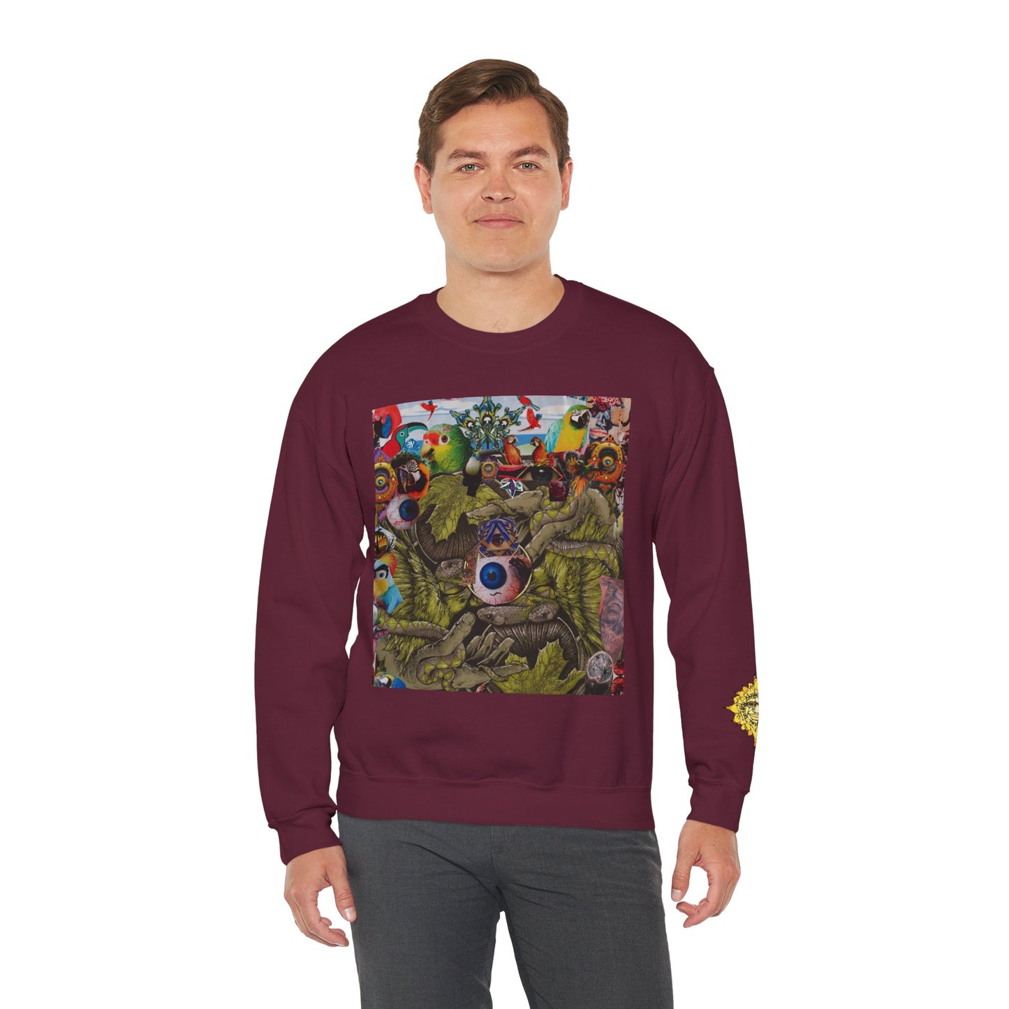 Apoda Surreal Parrot Garden Collage Sweatshirt — Psychedelic Bird Collage Crewneck