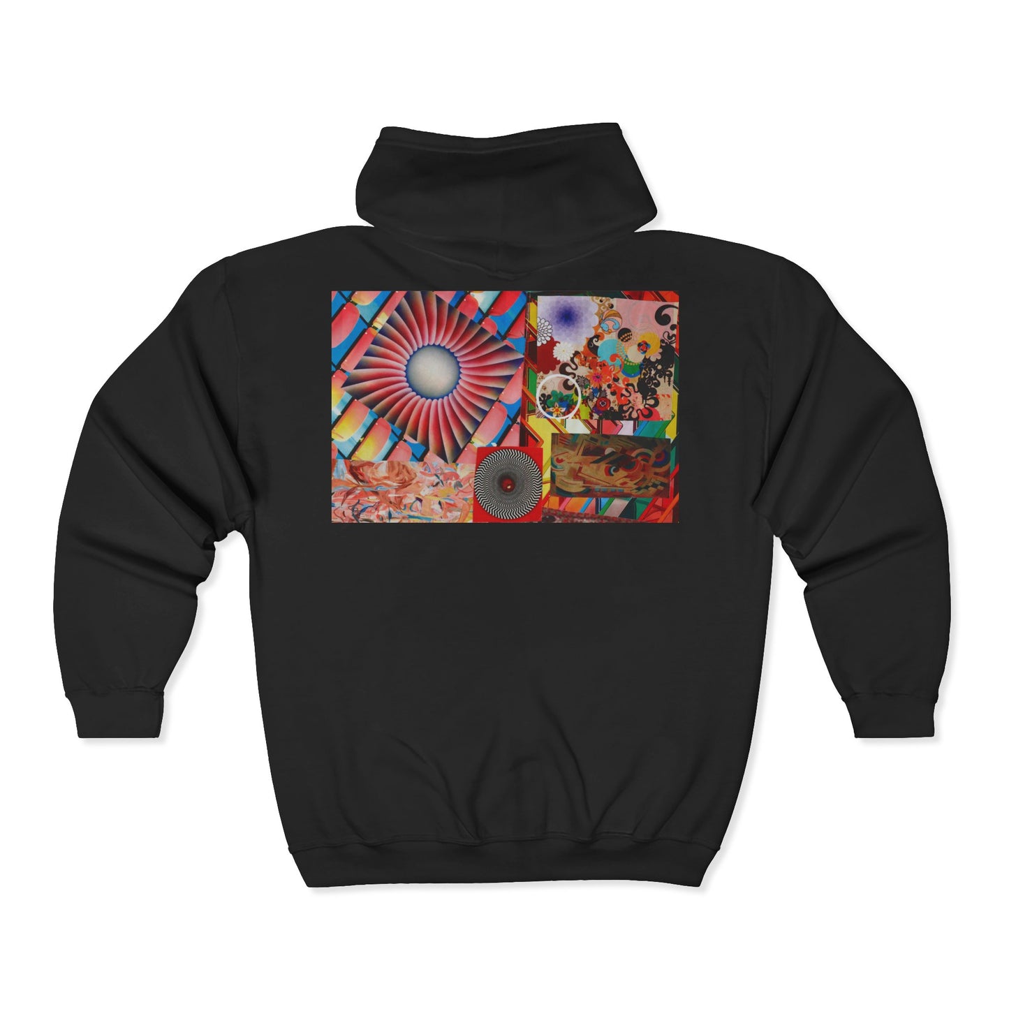 Psychedelic Collage Zip Hoodie — Retro Sunburst & Abstract Art Back Print