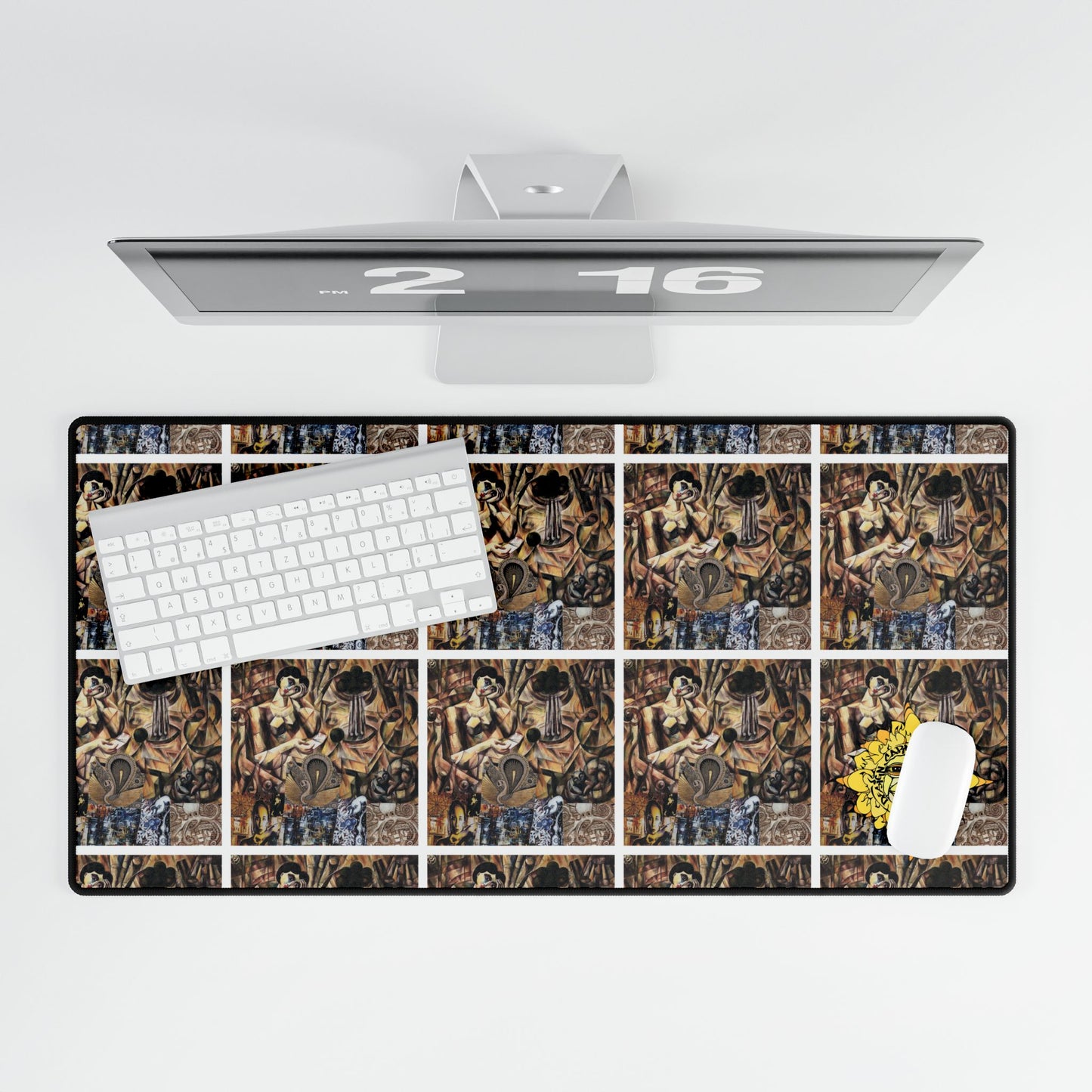 Margot Collage Artwork Boho Mosaic Desk Mat — Floral Sun Accent Large Mousepad