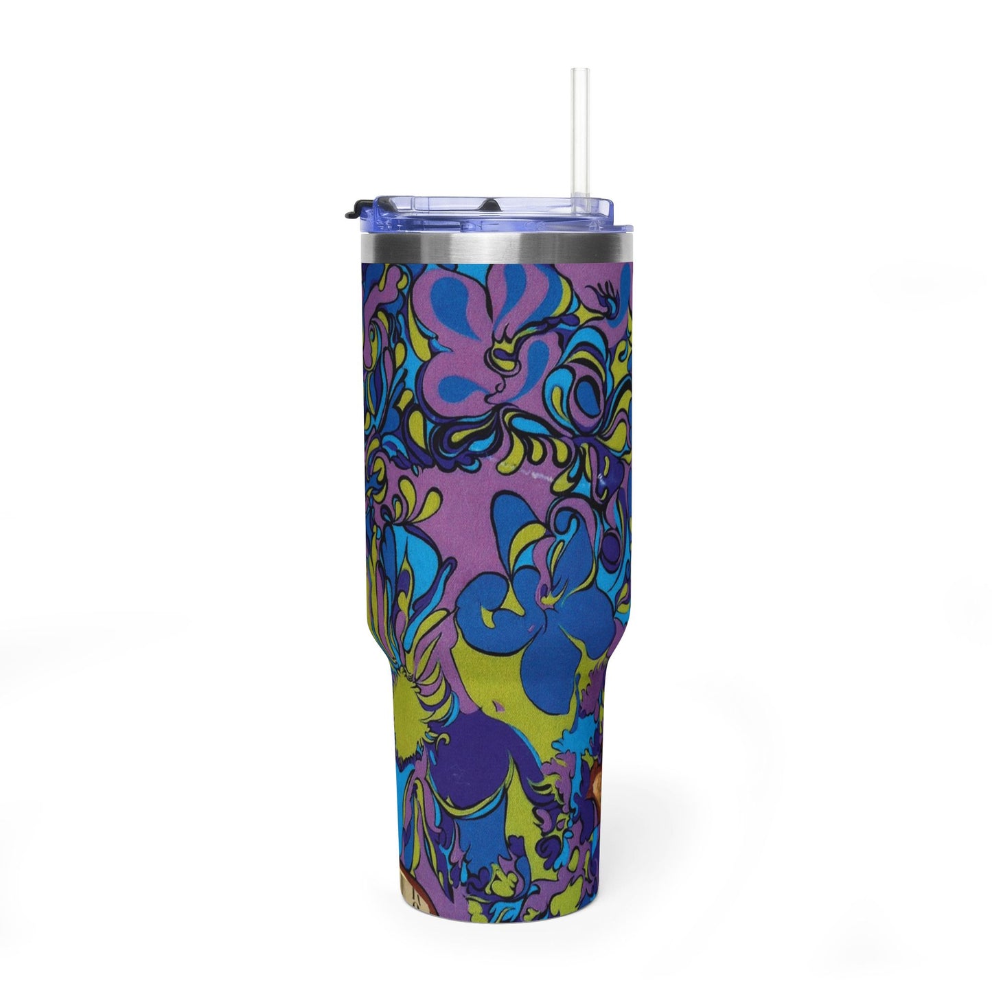 Majesty Collage Artwork 40oz Floral Psychedelic Tumbler - Colorful Retro Flower Vacuum Insulated Cup