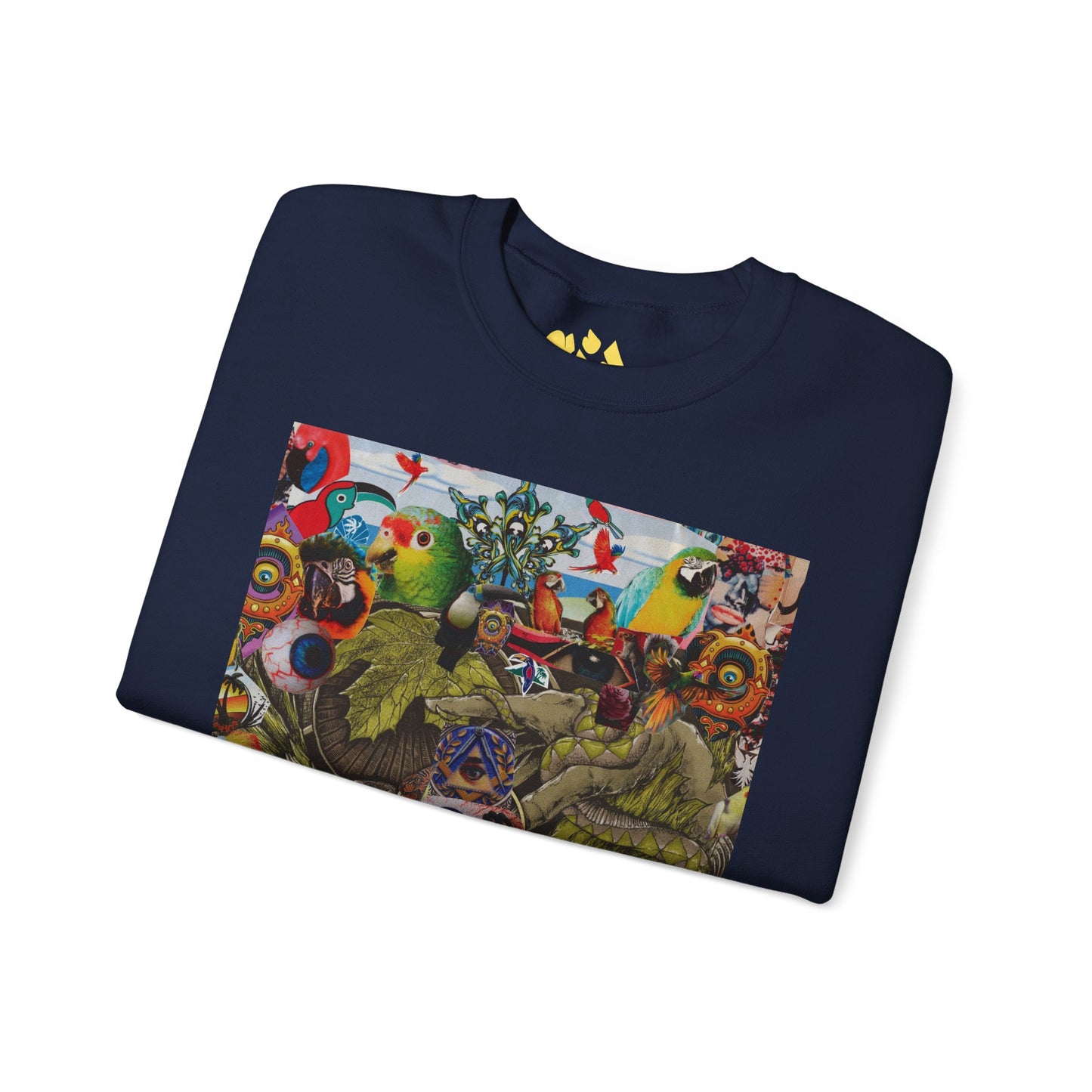 Apoda Surreal Parrot Garden Collage Sweatshirt — Psychedelic Bird Collage Crewneck