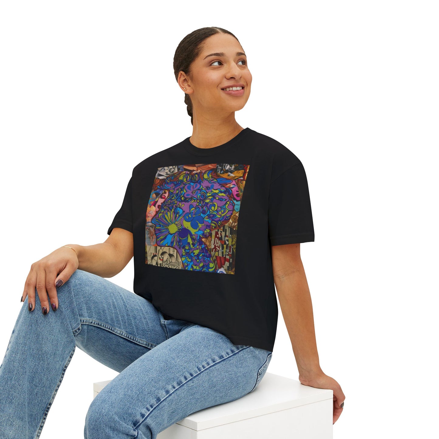 Purple Majesty Collage Artwork Women’s Boxy Tee — Abstract Collage Art Square Print