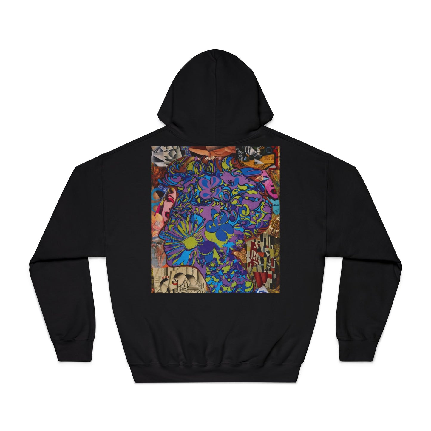 Psychedelic Floral Art Hoodie - Vibrant Blue Flower Collage Back Print
