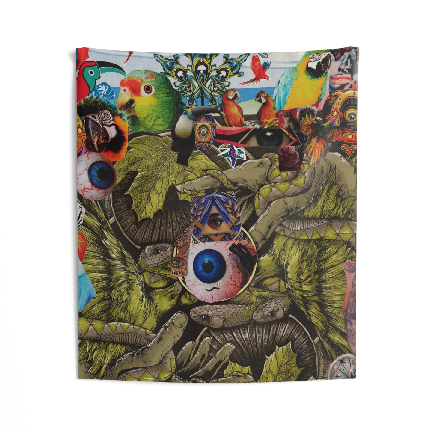 Apoda Collage Artwork Psychedelic Parrot Eye Tapestry — Vibrant Tropical Wall Art for Living Room & Bedroom