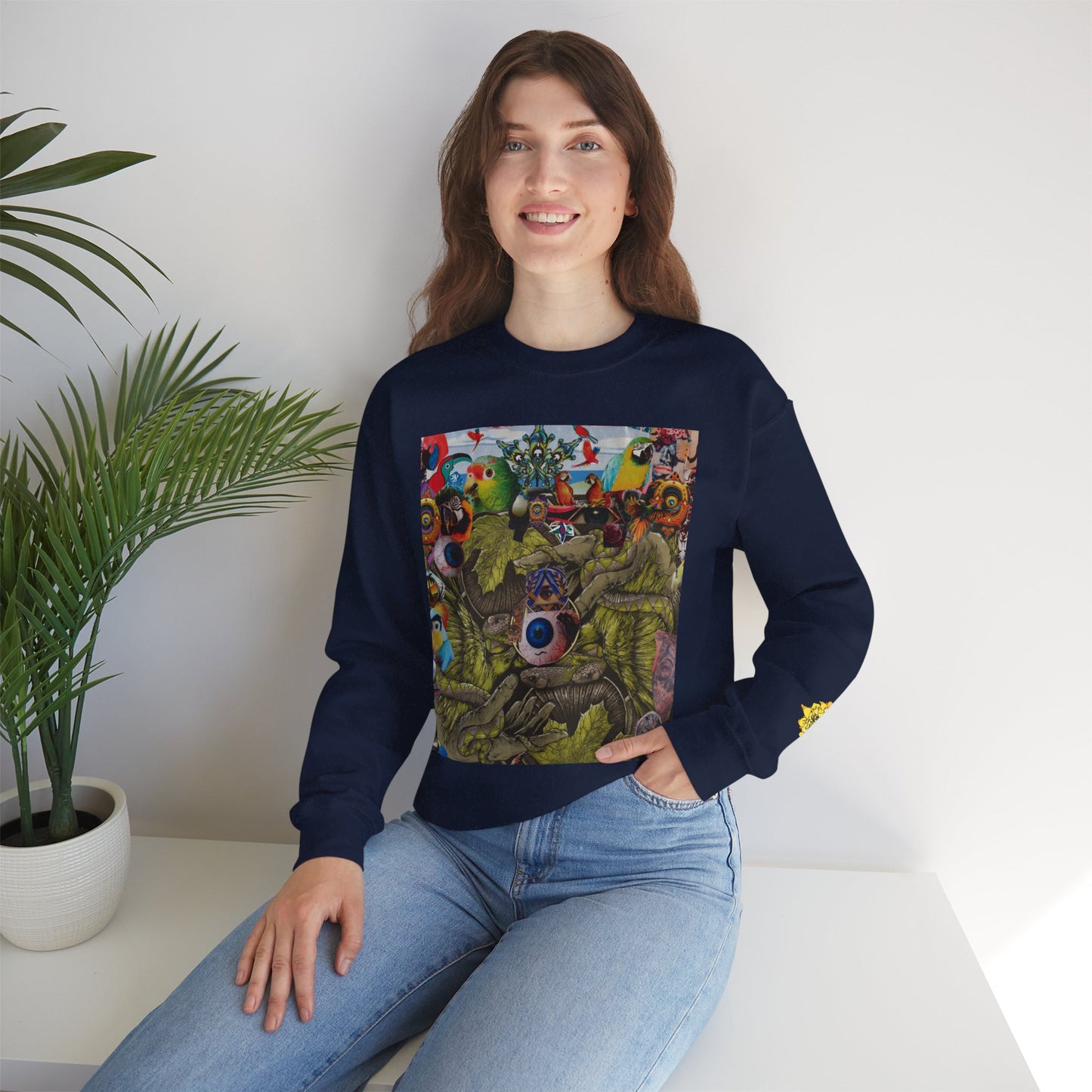 Apoda Surreal Parrot Garden Collage Sweatshirt — Psychedelic Bird Collage Crewneck