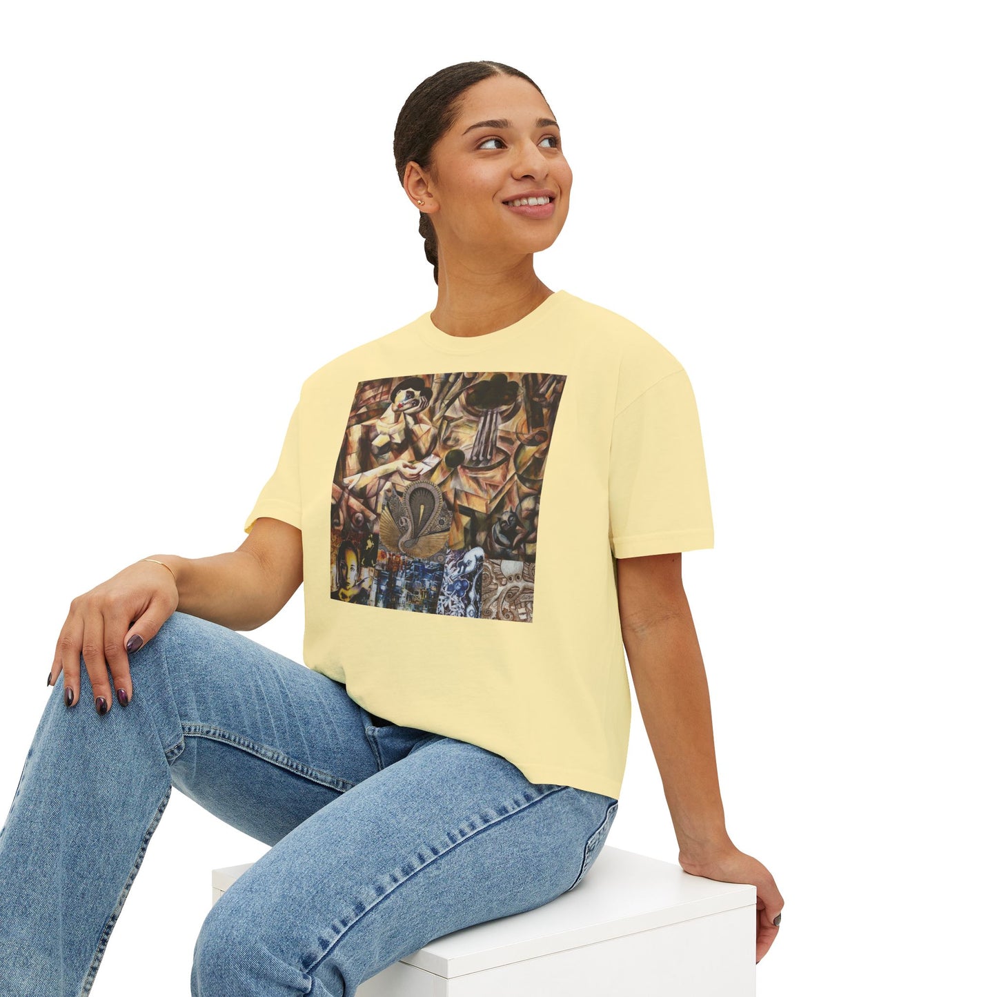 Margo Women’s Boxy Tee — Abstract Collage Art Square Print