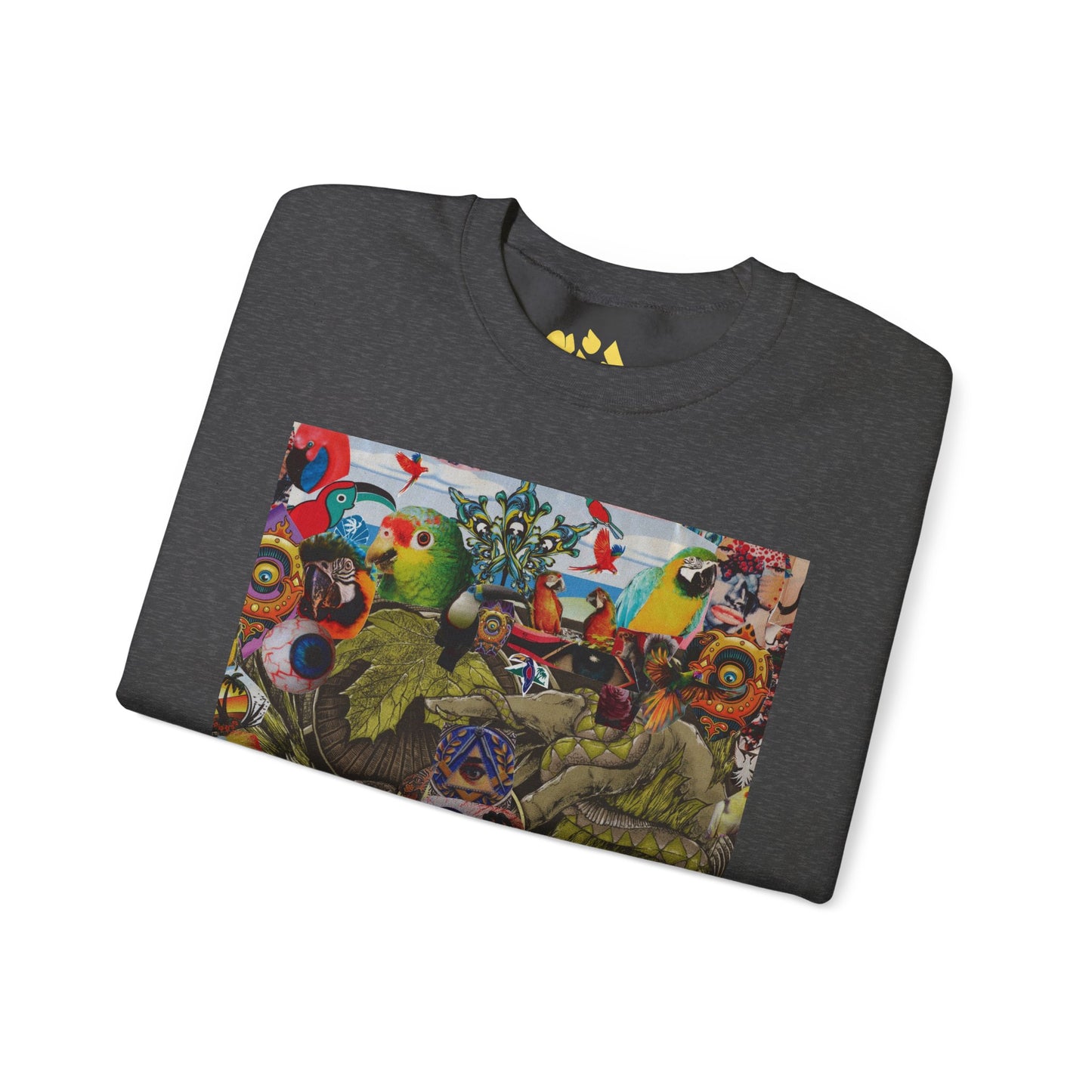 Apoda Surreal Parrot Garden Collage Sweatshirt — Psychedelic Bird Collage Crewneck