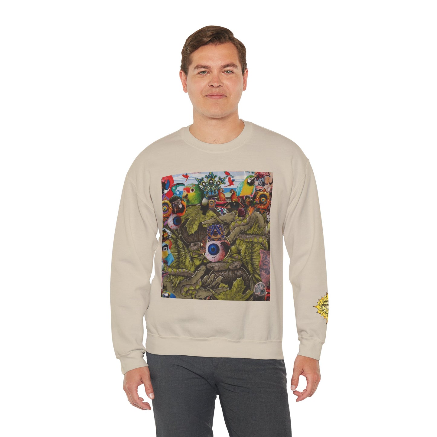 Apoda Surreal Parrot Garden Collage Sweatshirt — Psychedelic Bird Collage Crewneck