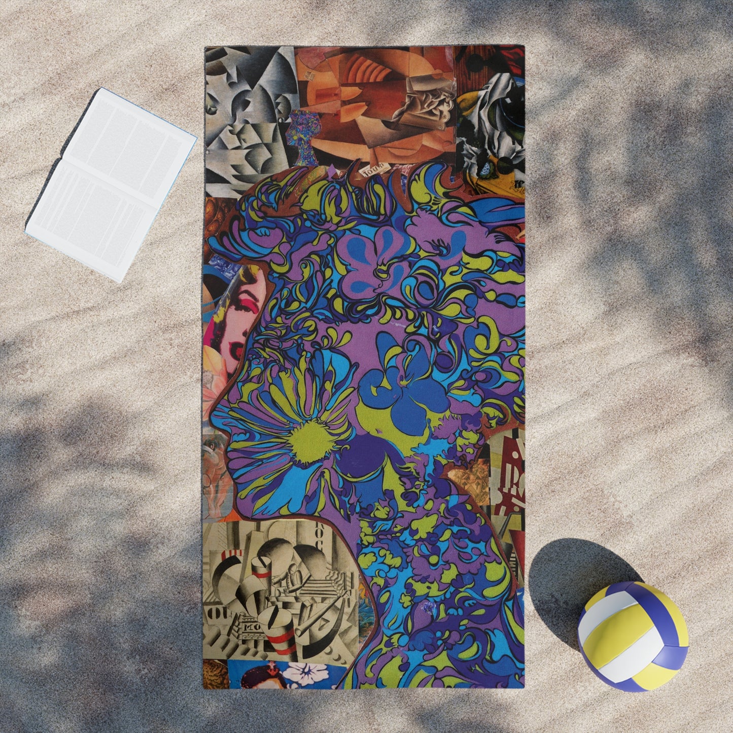 Majesty Psychedelic Floral Beach Towel — Retro Collage Hippie Wave Design