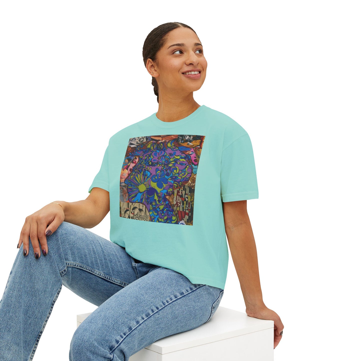 Purple Majesty Collage Artwork Women’s Boxy Tee — Abstract Collage Art Square Print
