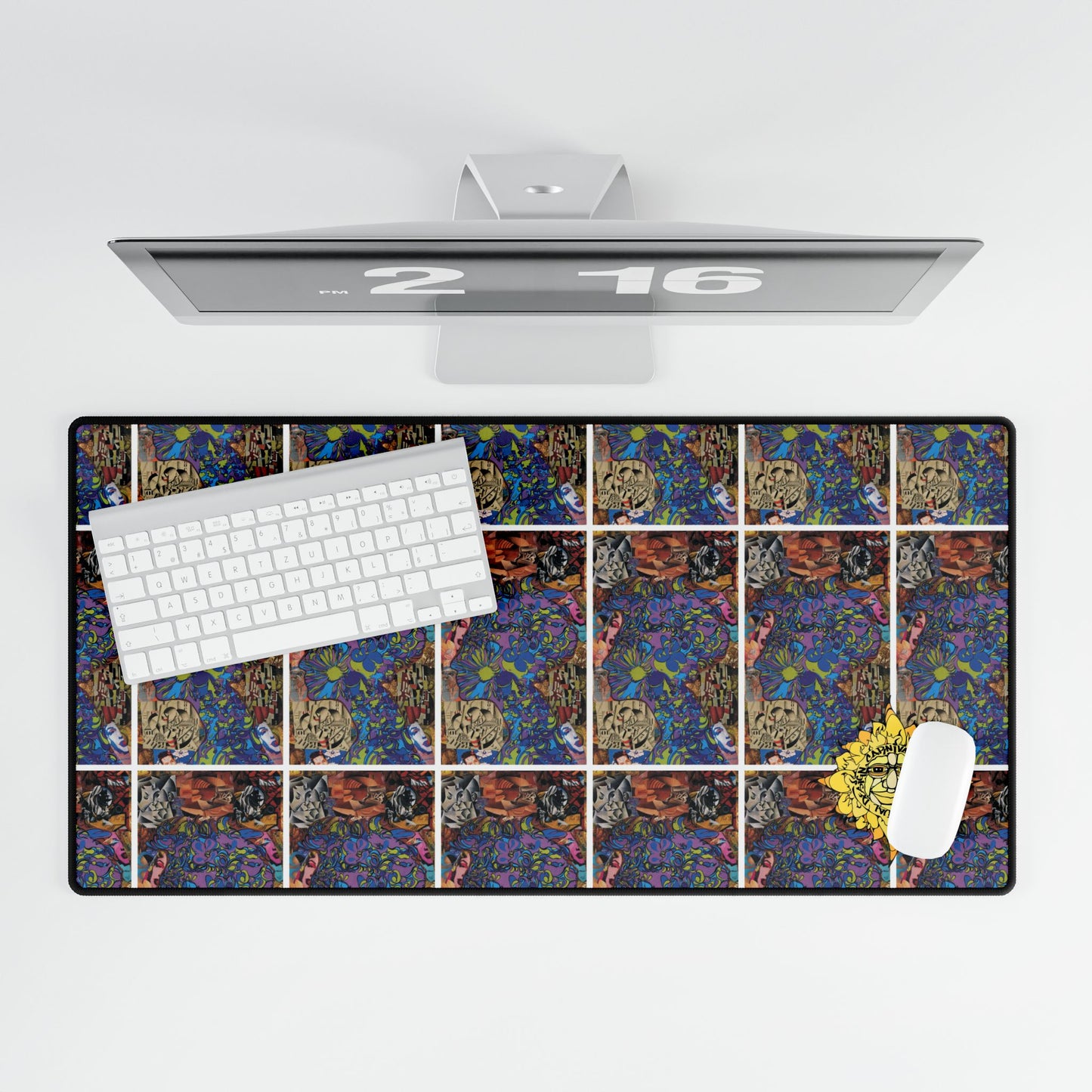 Purple Majesty Collage Artwork Mosaic Desk Mat— Floral Sun Accent Large Mousepad