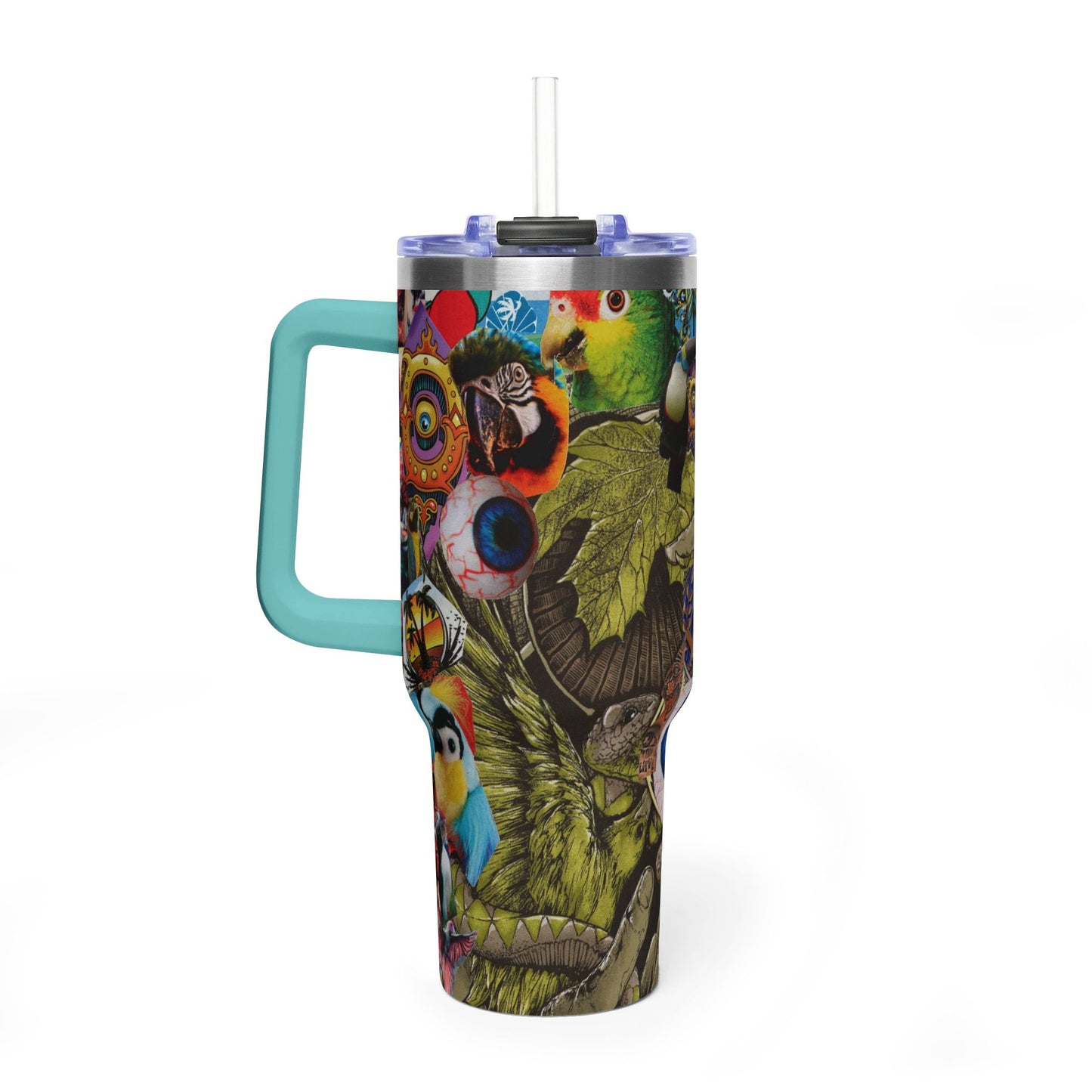 Apoda Collage Artwork 40oz Vacuum Tumbler — Colorful Parrot & Surreal Eye Art Travel Mug