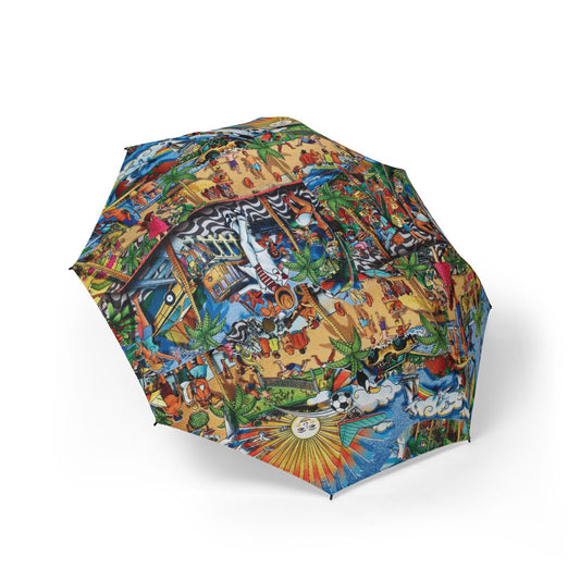 Florida Collage Artwork Tropical Beach Print Foldable Umbrella — Semi-Automatic Compact Travel Umbrella