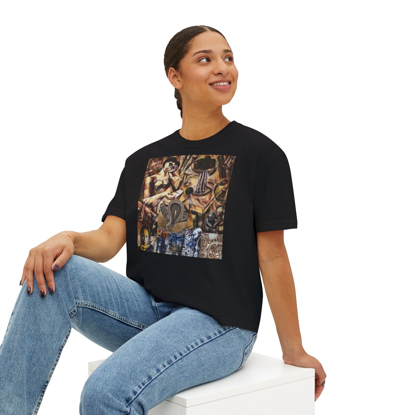 Margo Women’s Boxy Tee — Abstract Collage Art Square Print