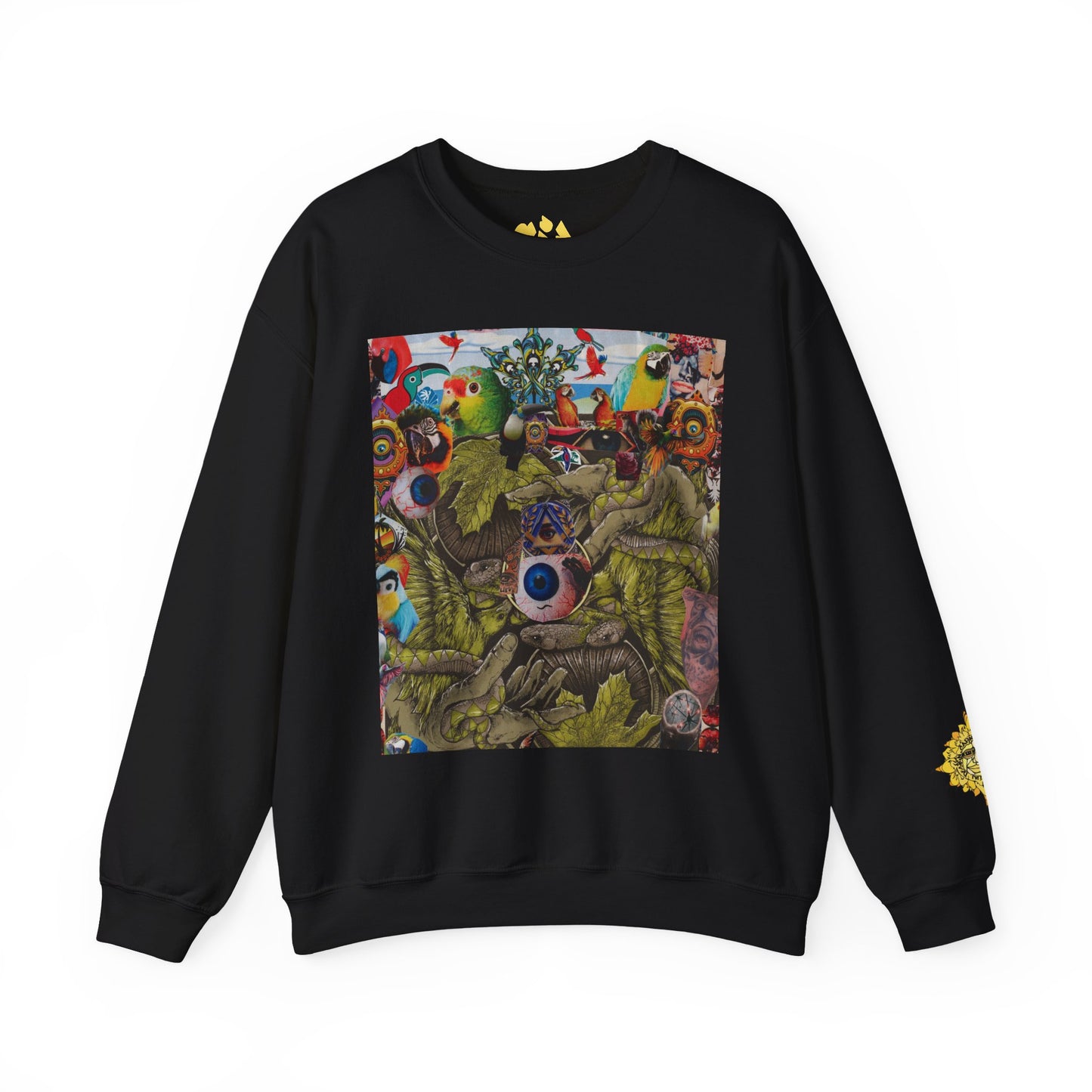 Apoda Surreal Parrot Garden Collage Sweatshirt — Psychedelic Bird Collage Crewneck