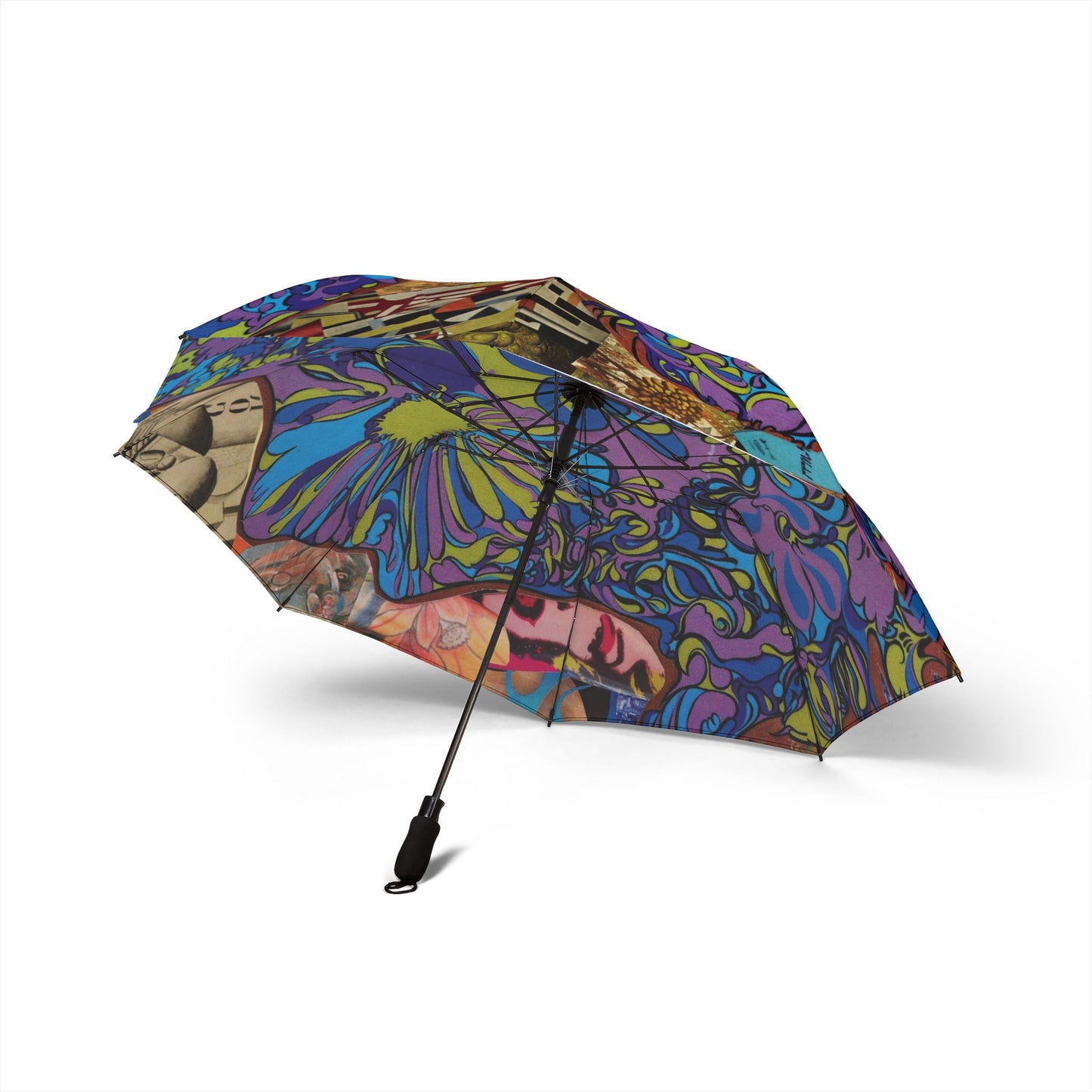 Majesty Collage Artwork Foldable Umbrella — Vibrant Psychedelic Floral Print, Compact Semi-Automatic Travel Umbrella