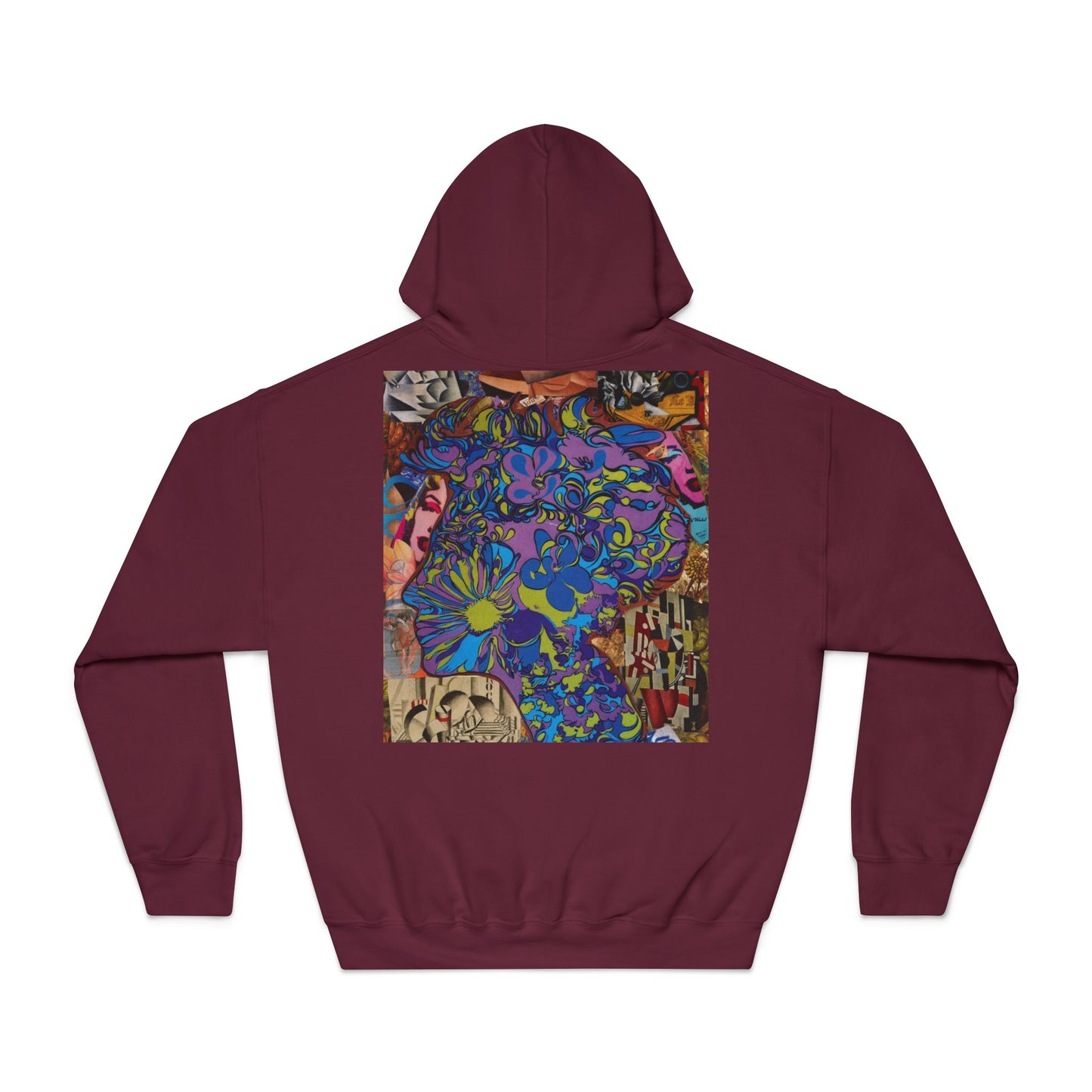 Psychedelic Floral Art Hoodie - Vibrant Blue Flower Collage Back Print