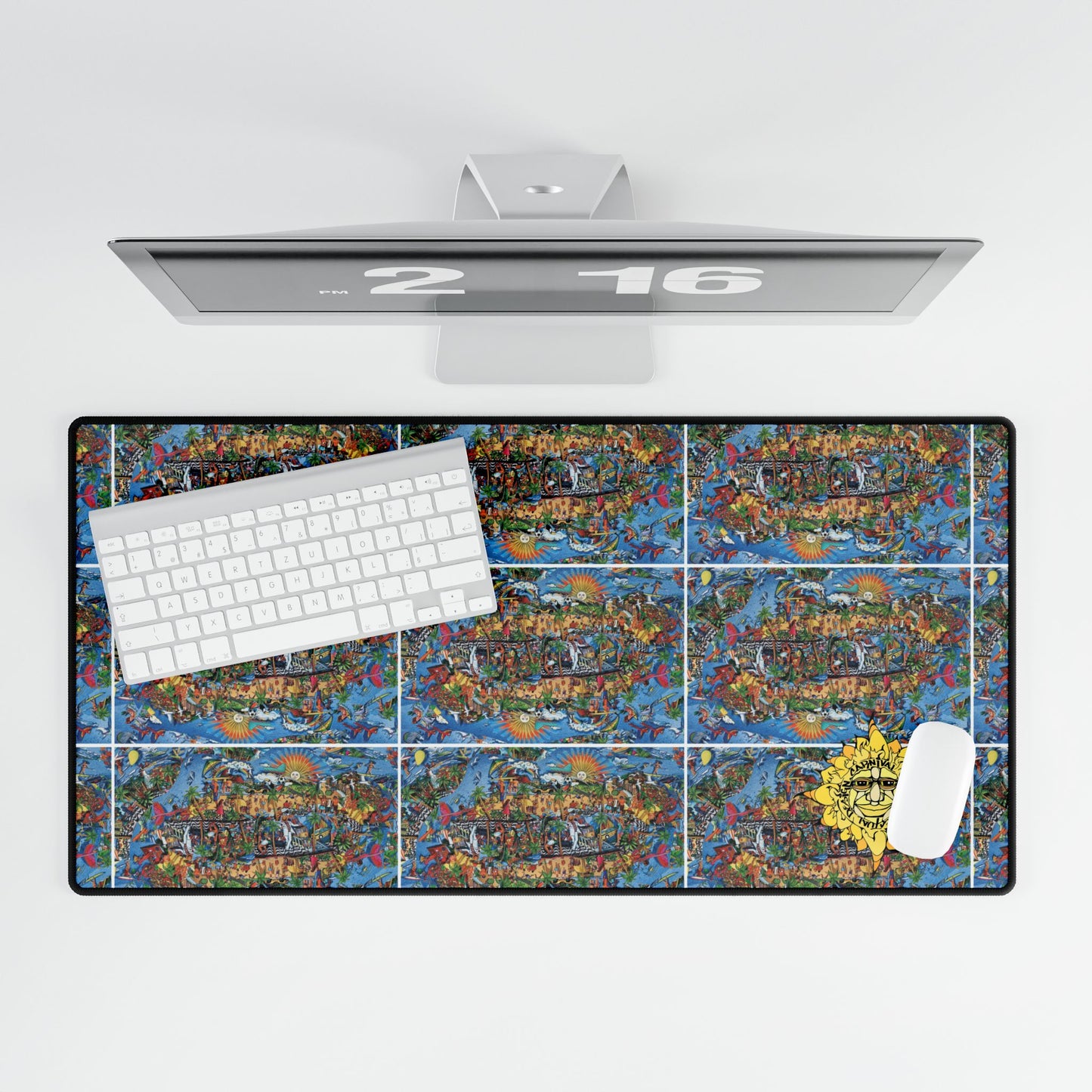 Florida Collage Artwork Boho Mosaic Desk Mat — Floral Sun Accent Large Mousepad