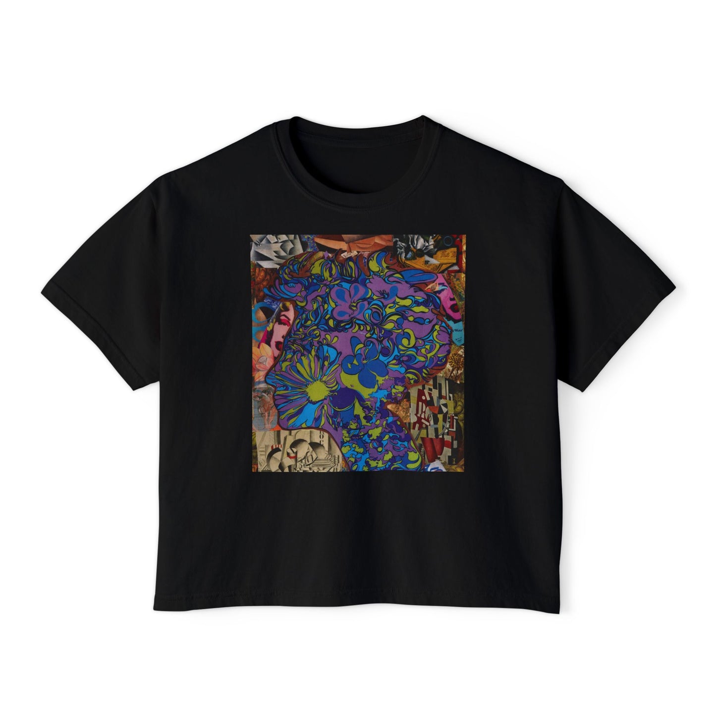 Purple Majesty Collage Artwork Women’s Boxy Tee — Abstract Collage Art Square Print